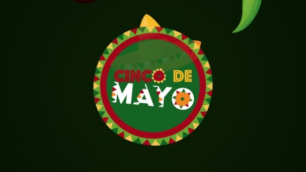 Celebración del cinco de mayo mexicana con marco circular e iconos — Vídeos de Stock
