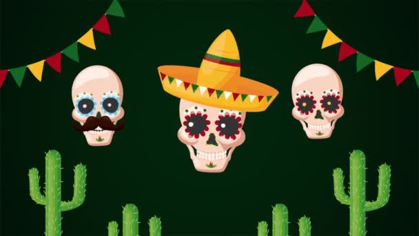 Celebración mexicana con calaveras y cactus — Vídeo de stock