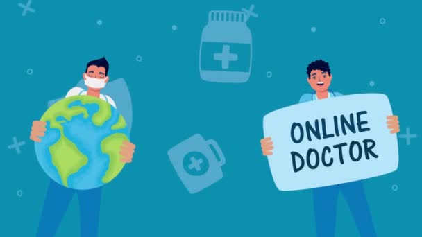 Doctors lifting world and label of telemedicine tech — Stock Video