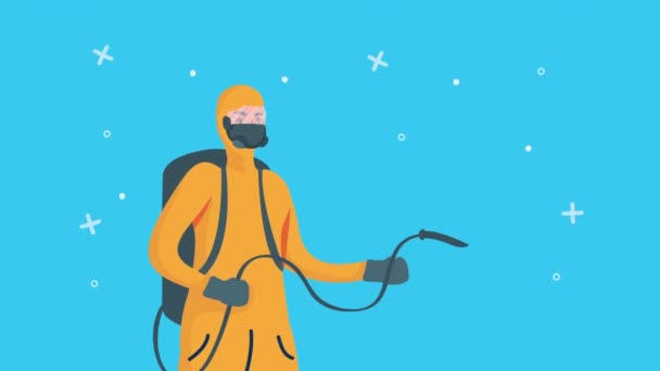 噴霧器を使ったバイオセーフティスーツの清掃員 — ストック動画