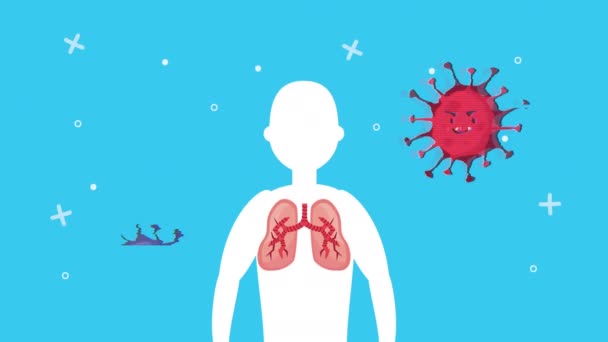 Human figure with lungs and covid19 particles characters — Stock Video