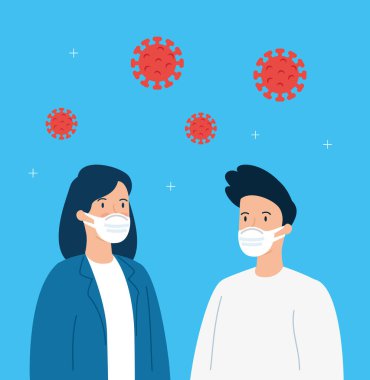 Çift covid 19 parçacıkları ile yüz maskesi kullanıyor