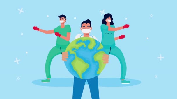 의료 요원들 이 코 비드 19 와 세계를 위해 마스크를 사용하는 모습 — 비디오