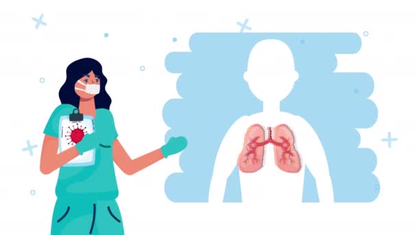 Női orvos arcmaszkkal kovid19 és tüdő — Stock videók