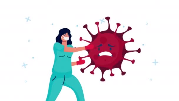 Dokter wanita berkelahi dengan partikel covid19 — Stok Video