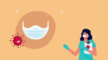 Kadın doktor ve yüz maskesi Kovid19 parçacığıyla savaşıyor