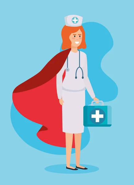 Super enfermeira com capa de herói e kit de primeiros socorros — Vetor de Stock