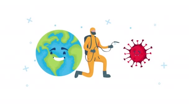 Sprey ve covid19 parçacık kullanarak biyo-koruma giysisi giyen işçi temizleyicisi. — Stok video