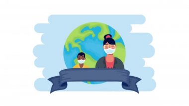 Dünya gezegeniyle yüz maskesi takan çift