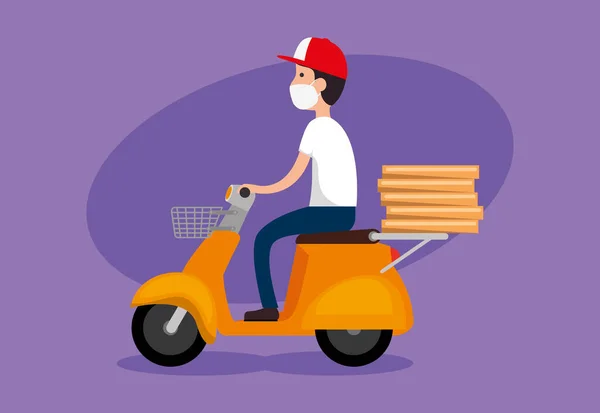 Zusteller mit Mundschutz im Motorrad mit Pizzaschachteln — Stockvektor