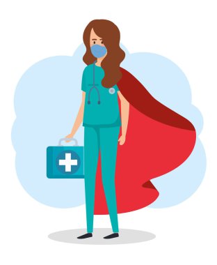 Kahraman pelerini ve ilk yardım çantası olan süper kadın sağlık görevlisi.