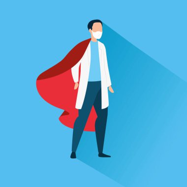 Süper doktor erkek, maskeli ve kahraman pelerinli.