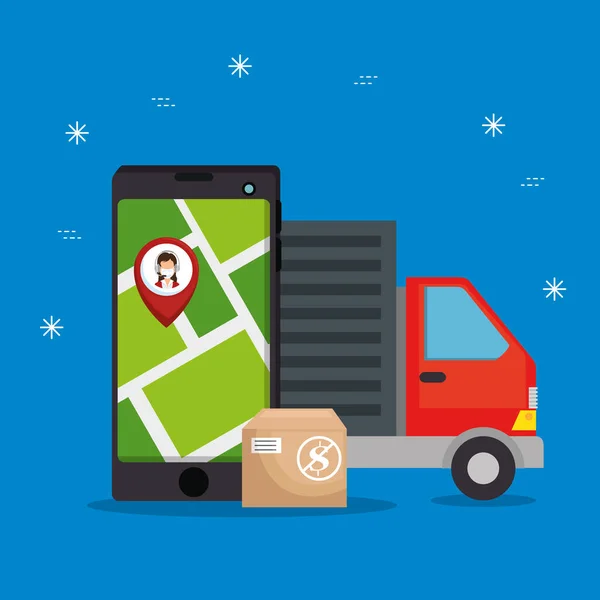 Bestelwagen met smartphone en locatieapp — Stockvector