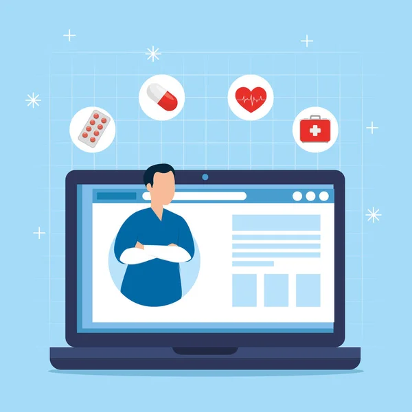 Medicina tecnologia online com paramédico e laptop — Vetor de Stock