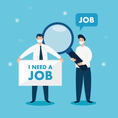 Yüz maskesi kullanan işadamları iş arıyor