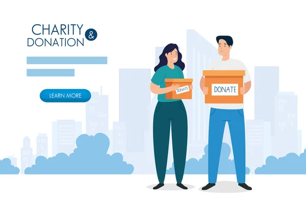 Banner com casal e caixa de doação de caridade —  Vetores de Stock