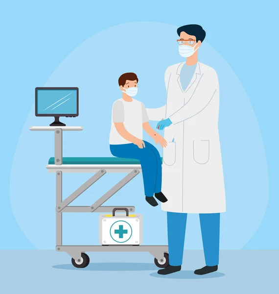 Médico macho vacinando para menino em consultório — Vetor de Stock