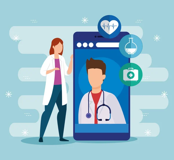 Медицинские онлайн технологии с врачами и смартфонами — стоковый вектор