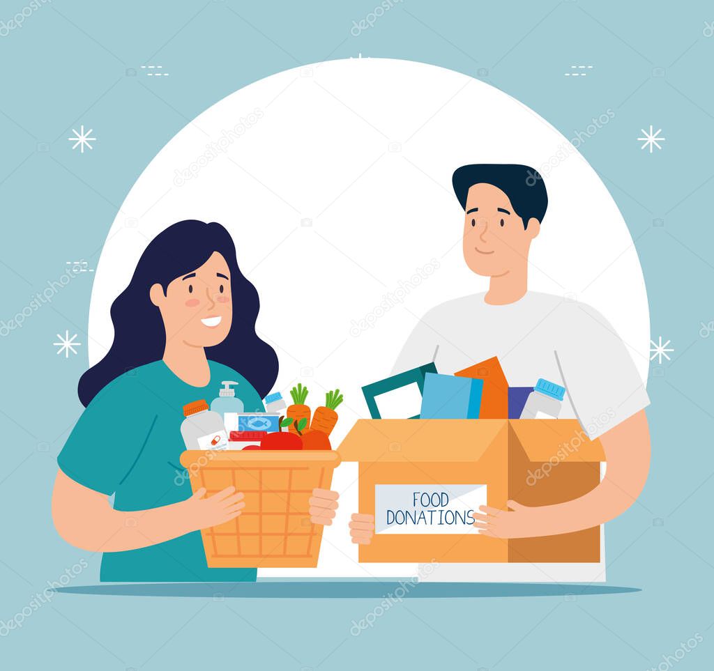 couple with box and basket of charity donation