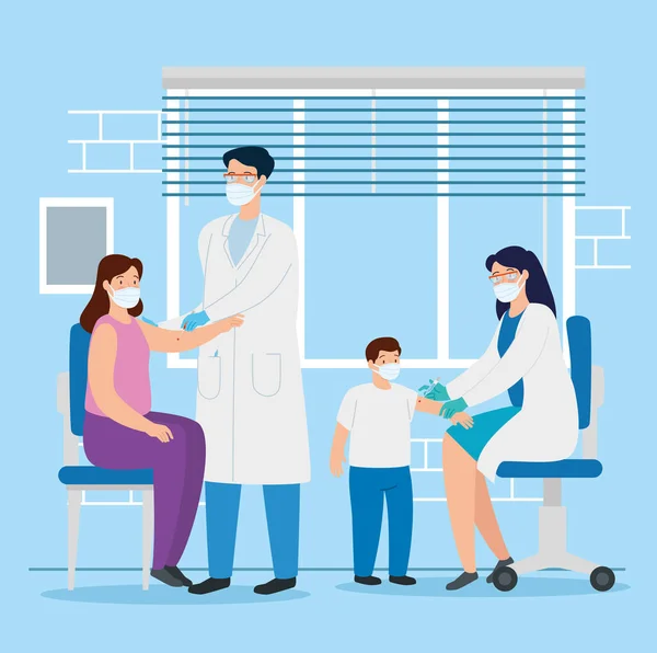 Médicos vacinando para a família em consultório — Vetor de Stock