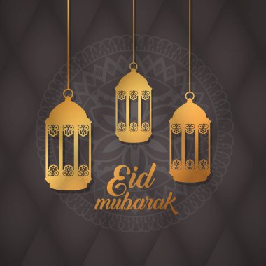 Fenerleri asılı ve dekorasyonu olan bayram mübareği posteri.