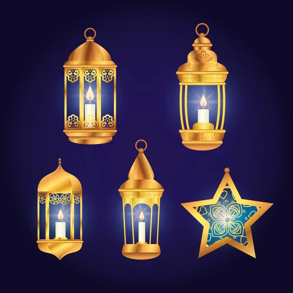Set lantaarns met ster van eid mubarak decoratie — Stockvector