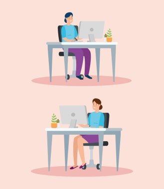 işyerinde masa ve bilgisayar kullanan kadınların sahnelerini ayarla