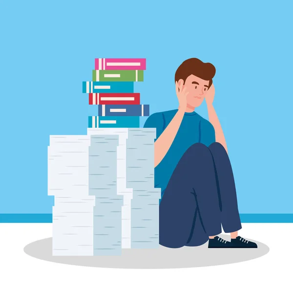 Homme assis avec l'attaque de stress et pile de documents — Image vectorielle