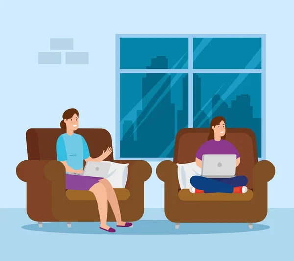 Women working in telecommuting sitting in couches — Stock Vector