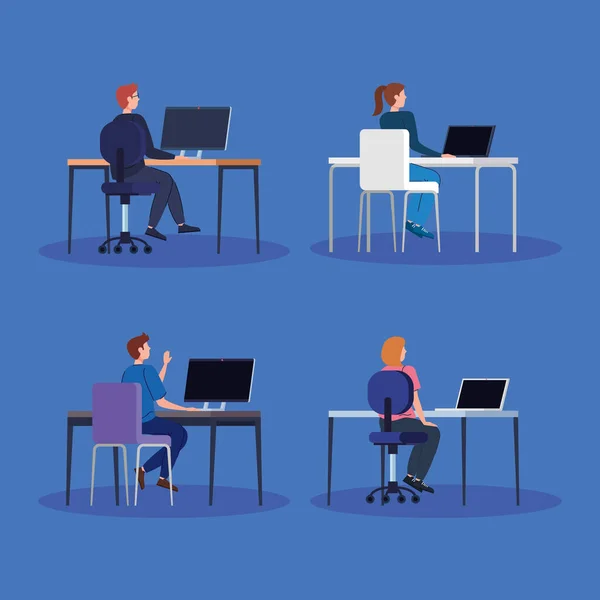 Les jeunes avec ordinateur au bureau — Image vectorielle