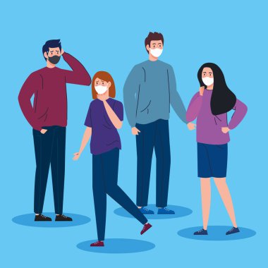 Yüz maskesi takan insanlarla Coperid 19 için sosyal mesafe kampanyası