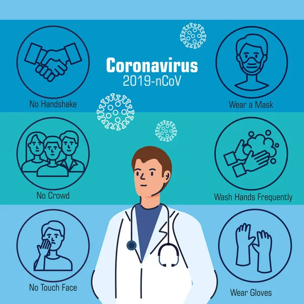 Doctor masculino con recomendaciones de 2019 ncov — Archivo Imágenes Vectoriales