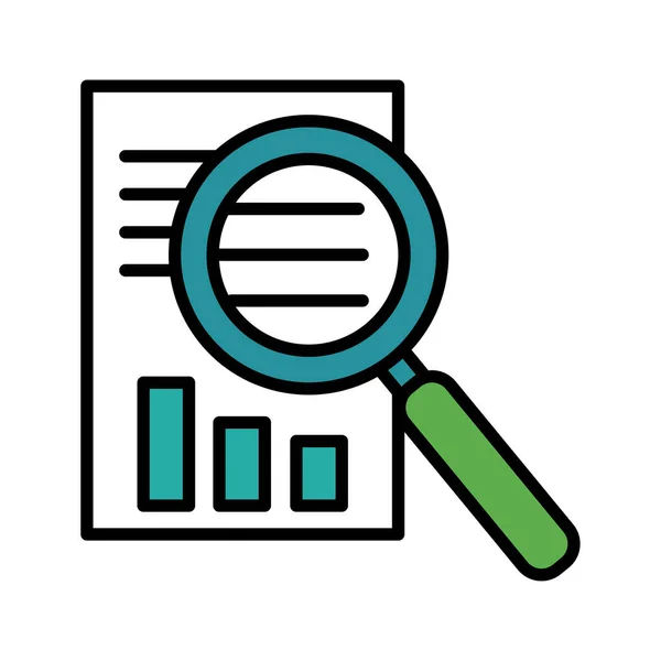 Statistieken bars in document met vergrootglas lijn en vul stijl — Stockvector