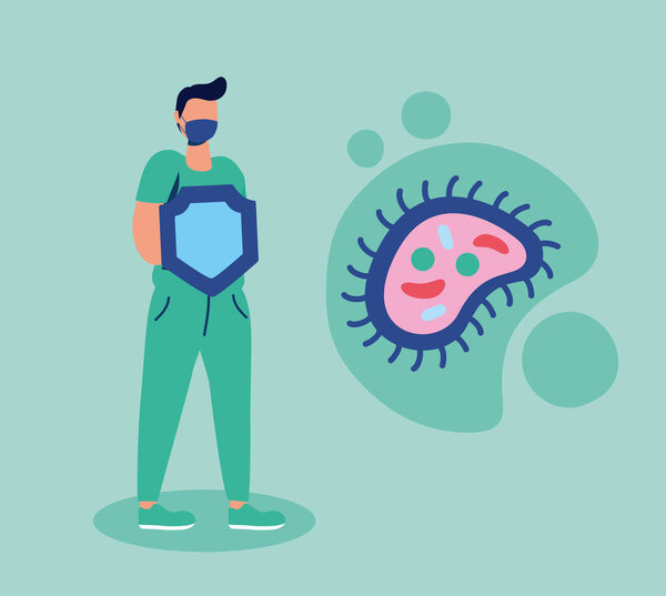 doctor with face mask and covid19 particle