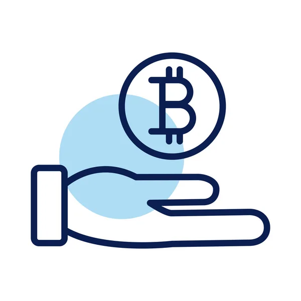Mano levantamiento bitcoin cripto línea de moneda icono de estilo — Vector de stock