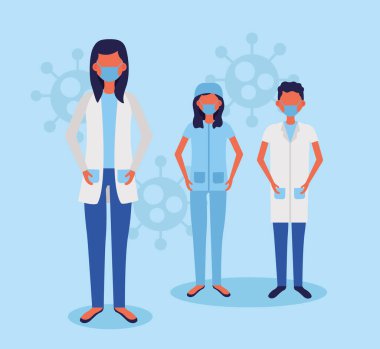 Tıbbi personel, kovid19 parçacıklı yüz maskeleri kullanıyor.