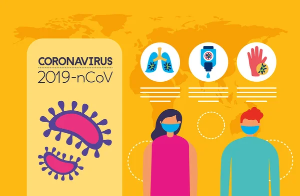 Covid19 infographie pandémique avec couple utilisant des masques faciaux — Image vectorielle