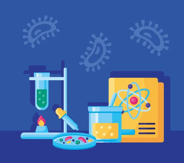 Covid19 póster pandémico con vacuna de búsqueda de laboratorio — Archivo Imágenes Vectoriales