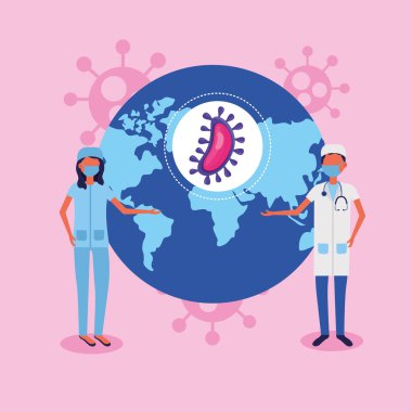 Doktor çift covid19 parçacıkları ve Dünya gezegeniyle yüz maskeleri kullanıyor.