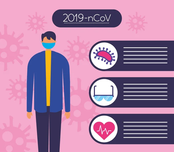 Covid19 infographie pandémique avec l'homme utilisant un masque facial — Image vectorielle