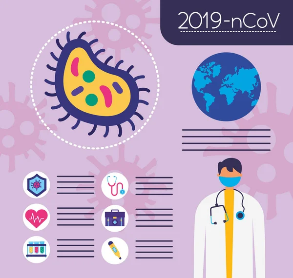 Covid19 pandemische infographics met aarde planeet en arts — Stockvector