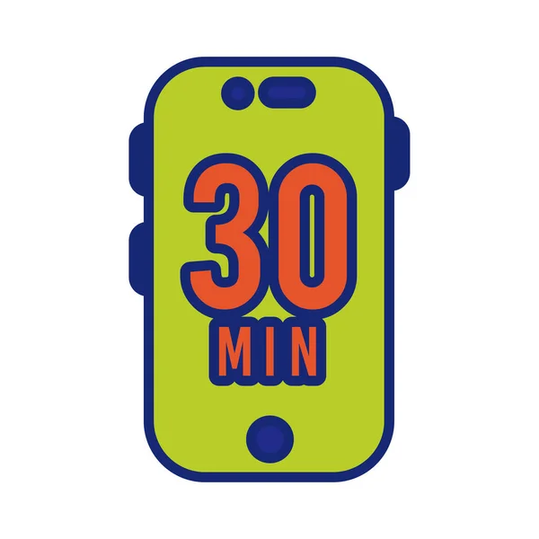 Smartphone with 30 minuts line and fill style icon — Stock Vector