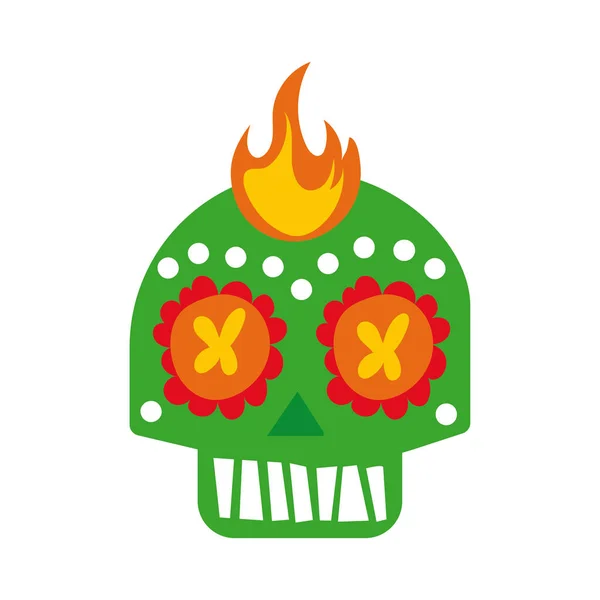 Máscara de calavera mexicana con el icono de estilo de relleno de cultura de llama — Vector de stock