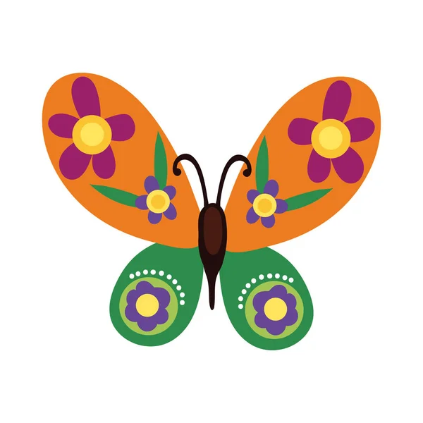 Beau papillon insecte orange avec des fleurs style plat — Image vectorielle