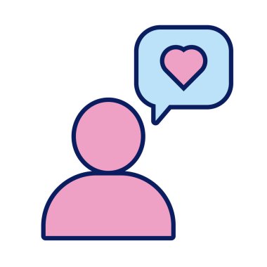 Konuşma baloncuğu ve kalp dayanışması çizgisi olan insan figürü.