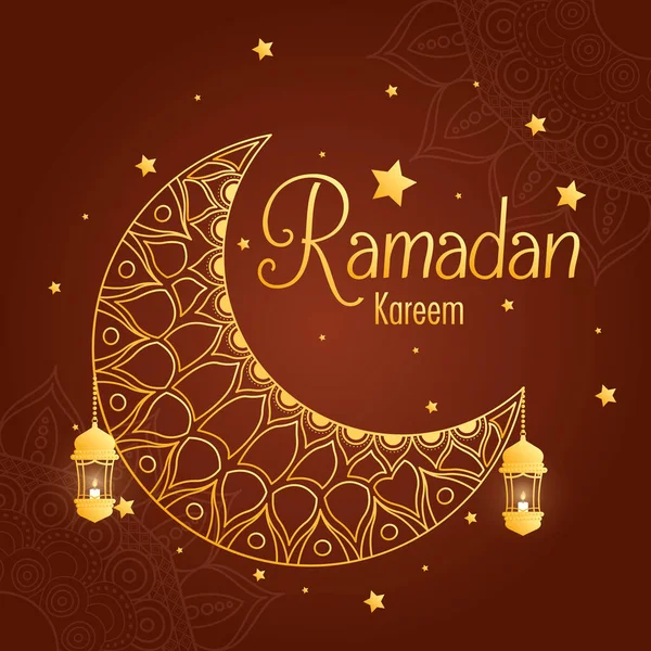 Carte kareem Ramadan avec lune et lanterne dorée suspendue — Image vectorielle