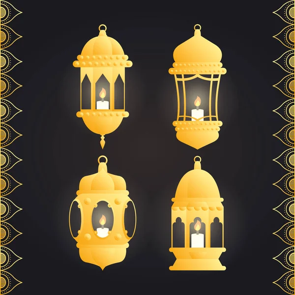 Tarjeta kareem Ramadán con linternas doradas — Vector de stock