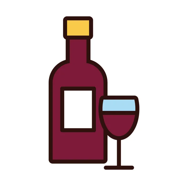 Butelka wina i linia filiżanki i wypełnić styl — Wektor stockowy