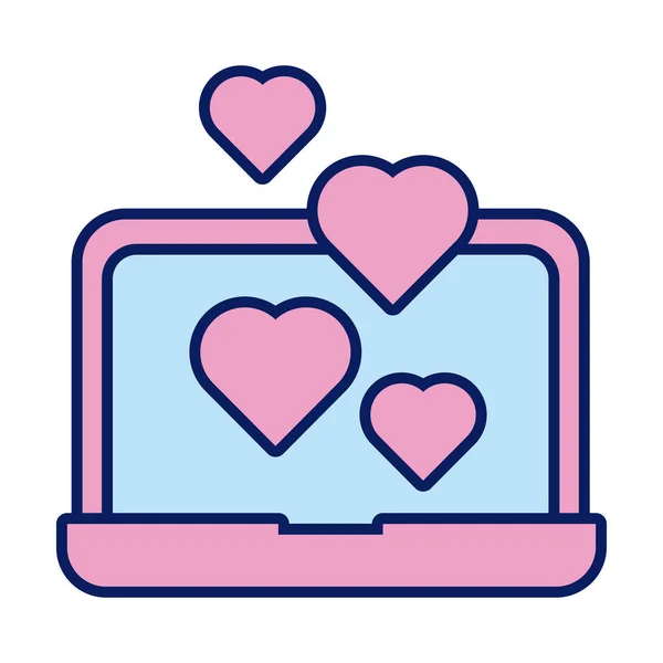 Laptop with hearts solidarity line and fill style — Stock Vector