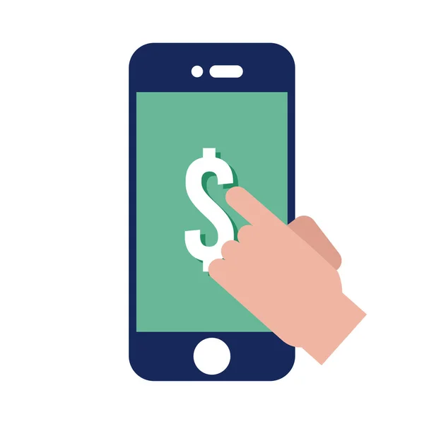 Mão tocando smartphone com símbolo de dólar estilo plano — Vetor de Stock